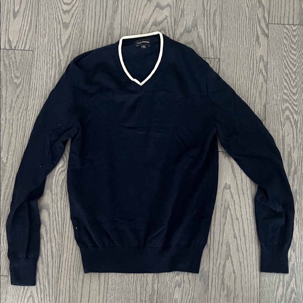 Club Monaco Men's Navy V-Neck Sweater with White Trim